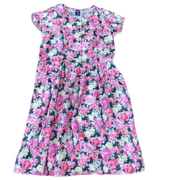 VTG Chandni Shift/Shirt Midi Dress Sz L 100% Cotton Pink Floral Pockets 262F - Picture 2 of 7